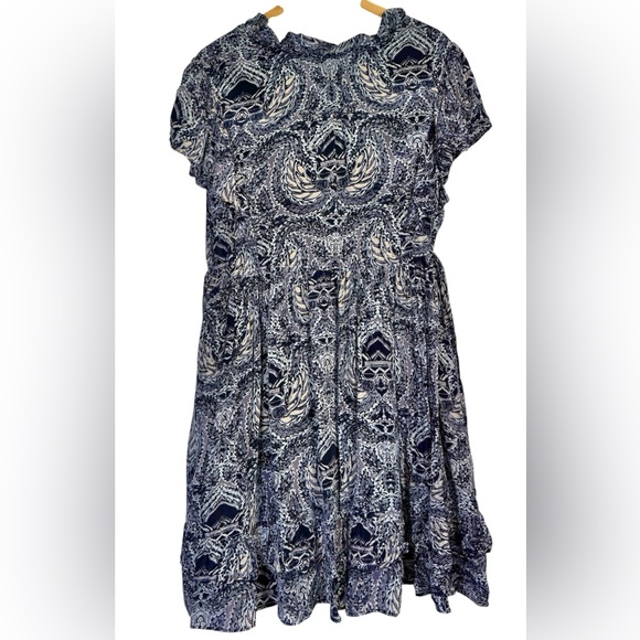 Sundance Mini Dress Tie Waist Navy Blue / White Geo Paisley Print Boho XL - Picture 3 of 13